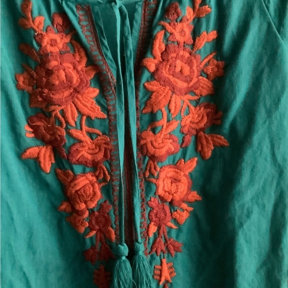Linen Cotton Blend Teal Embroidered Women's dress Boho - Picture 3 of 5